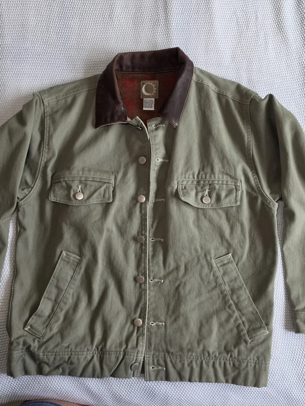 Vtg Malboro Green Cotton Jacket Brown Leather Point Collar Button Plaid Lining